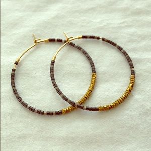 Pewter/Gray and Gold Beaded Hoop Earrings